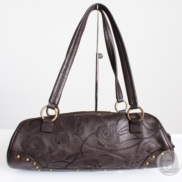 Sondra Roberts Bag Satchel Brown Leather Floral Embossed Studs - Picture 5 of 10